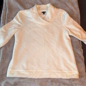 Talbots Women White Quilted Cozy Petite Large Pullover Sweatshirt V Neck Fleece